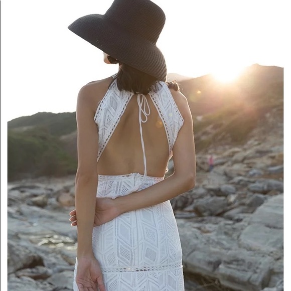 Sexy Haltered Slit Thigh Abstract Lace Long Maxi Dress, Boho Wedding Gown - Picture 2 of 7